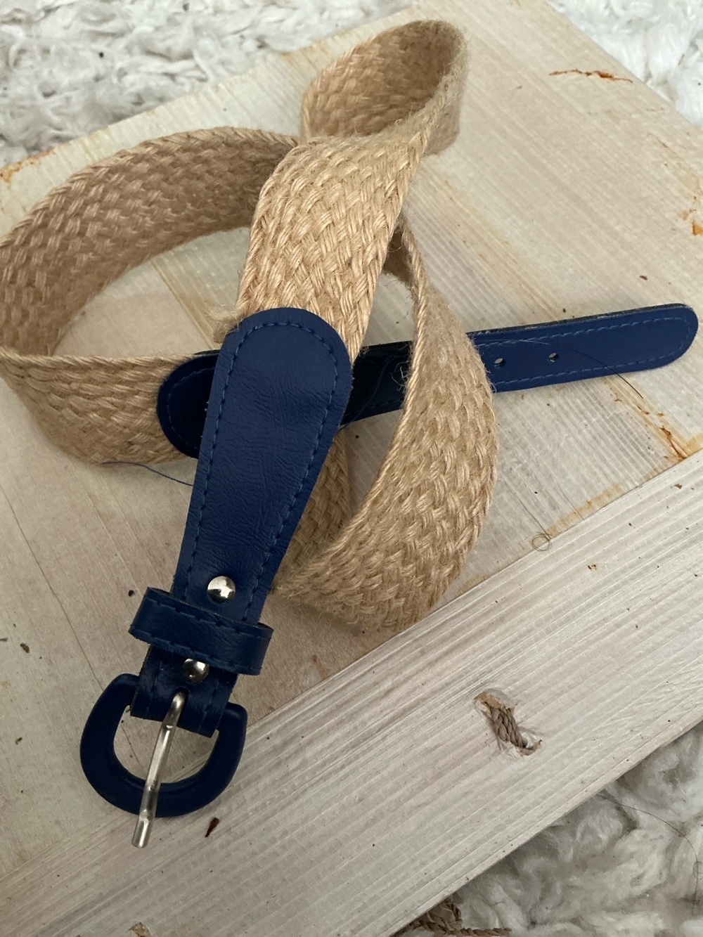 VINTAGE Raffia Navy Leather Woven Belt